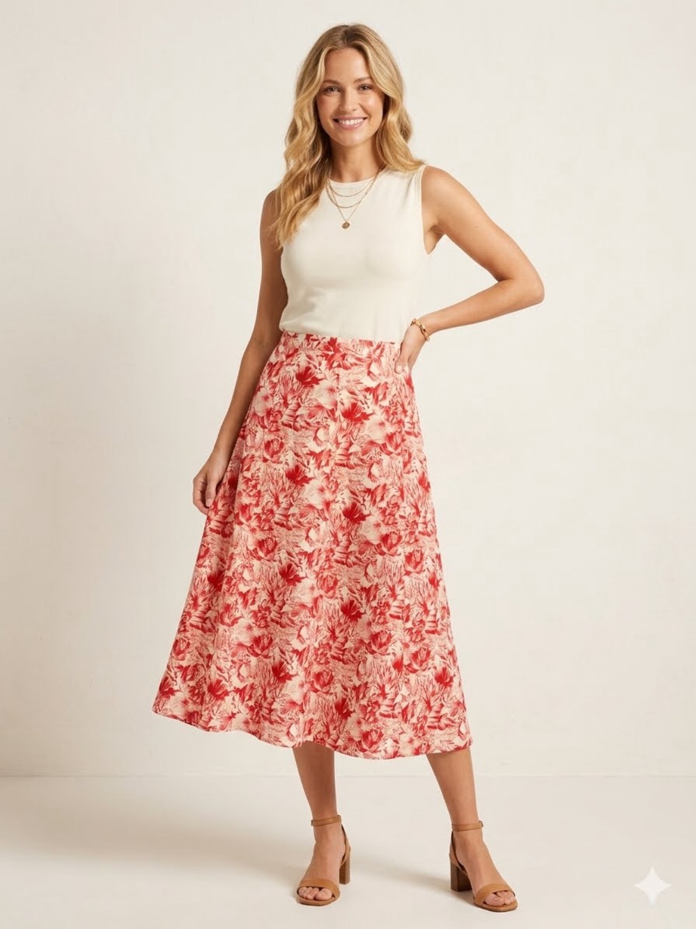 Christopher & Banks Size 6 Red Botanical Print Linen Midi Skirt Cottagecore Boho
